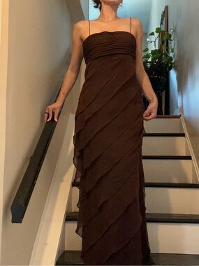 Adrianna Papell Chocolate Brown Strapless Layered Maxi Dress